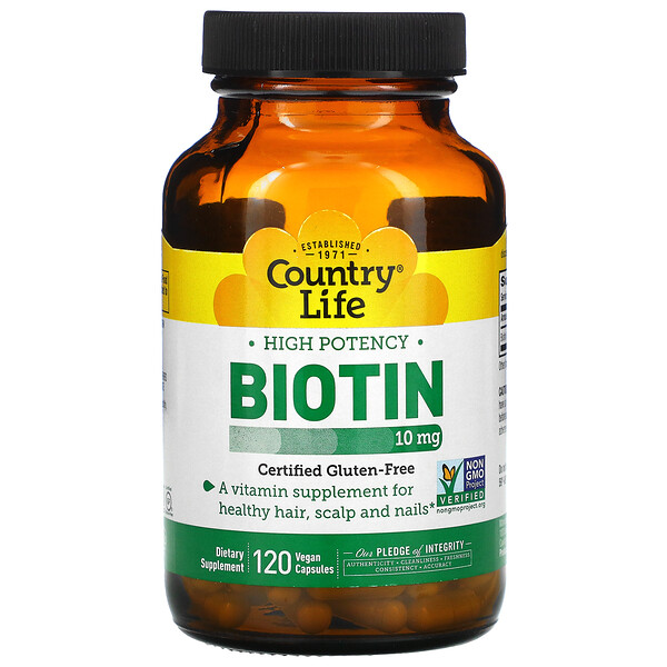 Высокоэффективный биотин, 10 мг, 120 веганских капсул Country Life