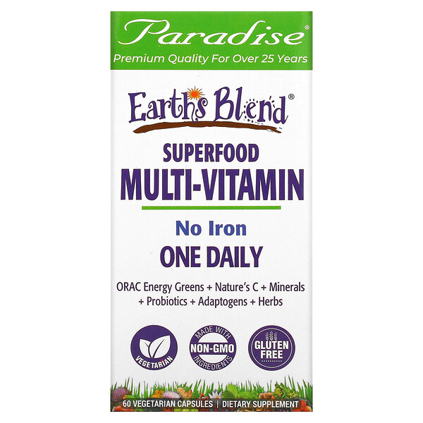 Earth's Blend, Один ежедневный мультивитамин из суперпродуктов, без железа, 60 вегетарианских капсул Paradise Herbs
