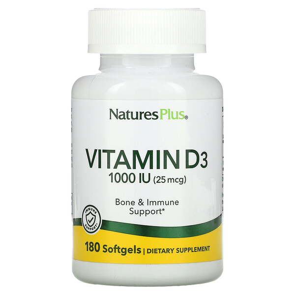 Витамин D3, 25 мкг (1000 МЕ), 180 мягких таблеток NaturesPlus