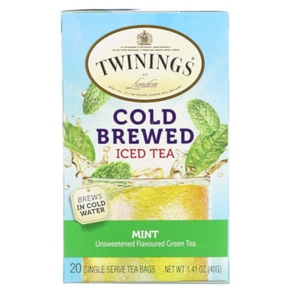 Холодный заваренный чай со льдом, несладкий ароматизированный зеленый чай, мята, 20 чайных пакетиков, 1,41 унции (40 г) Twinings