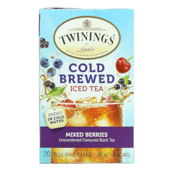 Холодный чай со льдом, ароматизированный черный чай без сахара, ягодная смесь, 20 чайных пакетиков, 1,41 унции (40 г) Twinings