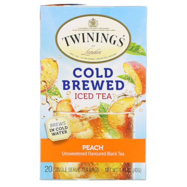 Холодный заварной чай со льдом, несладкий черный чай со вкусом персика, 20 чайных пакетиков, 1,41 унции (40 г) Twinings