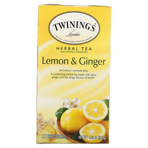 Травяной чай, лимон и имбирь, без кофеина, 25 чайных пакетиков, 1,32 унции (37,5 г) Twinings