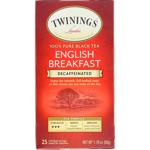 100% Pure Black Tea, Английский завтрак, без кофеина, 25 чайных пакетиков, 1,76 унции (50 г) Twinings