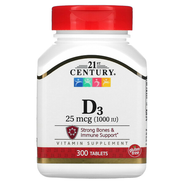 Витамин D3, 25 мкг (1000 МЕ), 300 таблеток 21st Century