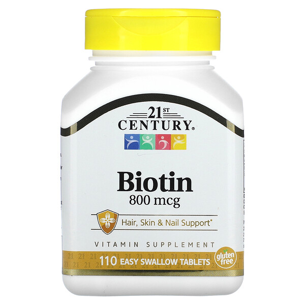 Биотин - 800 мкг - 110 легких для проглатывания таблеток - 21st Century 21st Century