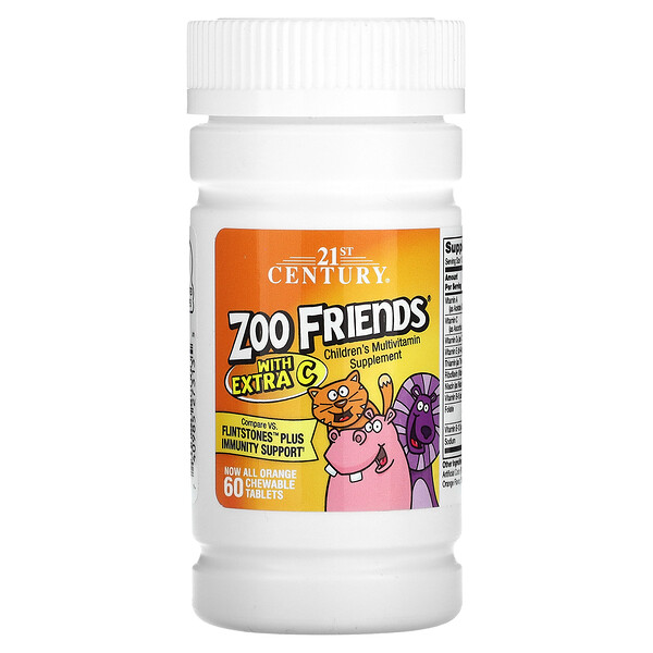 Zoo Friends with Extra C, Апельсин, 60 жевательных таблеток 21st Century