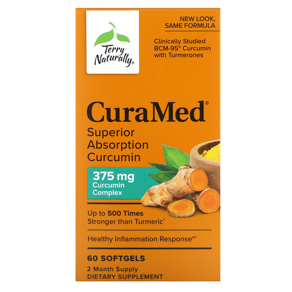 CuraMed, Куркумин с превосходной усвояемостью, 375 мг, 60 мягких таблеток Terry Naturally