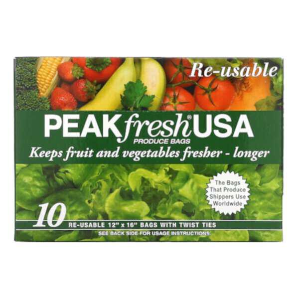 Пакеты Produce с завязками, многоразовые, 10 пакетов PEAKfresh USA