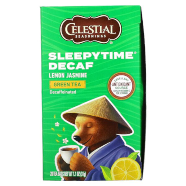 Зеленый чай Sleepytime с лимоном и жасмином, без кофеина, 20 чайных пакетиков, 1,1 унции (31 г) Celestial Seasonings