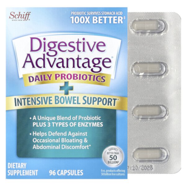 Digestive Advantage, Ежедневные пробиотики + интенсивная поддержка кишечника, 96 капсул Schiff