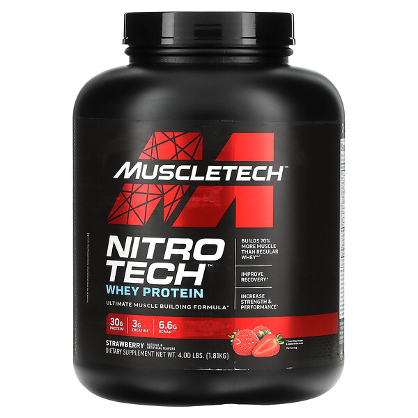 Performance Series, Nitro Tech, основной источник сывороточных пептидов и изолята, клубника, 4,00 фунта (1,81 кг) Muscletech