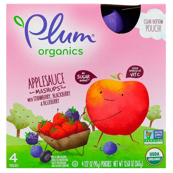Органические мэшапы из яблочного пюре с клубникой, ежевикой и черникой, 4 пакетика по 3,17 унции (90 г) каждый Plum Organics