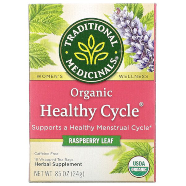 Organic Healthy Cycle, Листья малины, без кофеина, 16 чайных пакетиков в упаковке, 0,85 унции (24 г) Traditional Medicinals