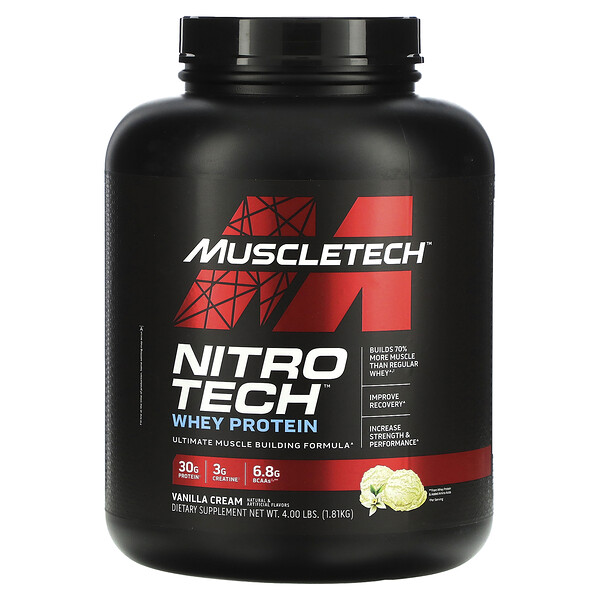 Nitro Tech, Основной источник сывороточных пептидов и изолята, ваниль, 4 фунта (1,81 кг) Muscletech