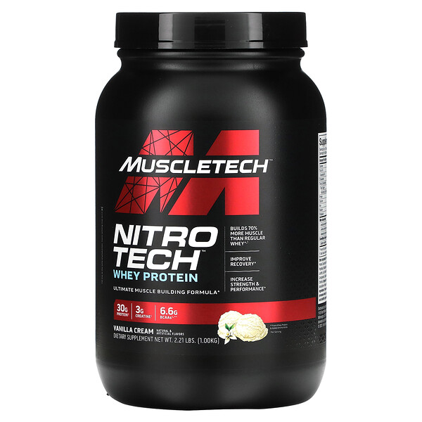 Nitro Tech, Изолят сыворотки + средство для наращивания мышечной массы, ваниль, 2,00 фунта (907 г) Muscletech