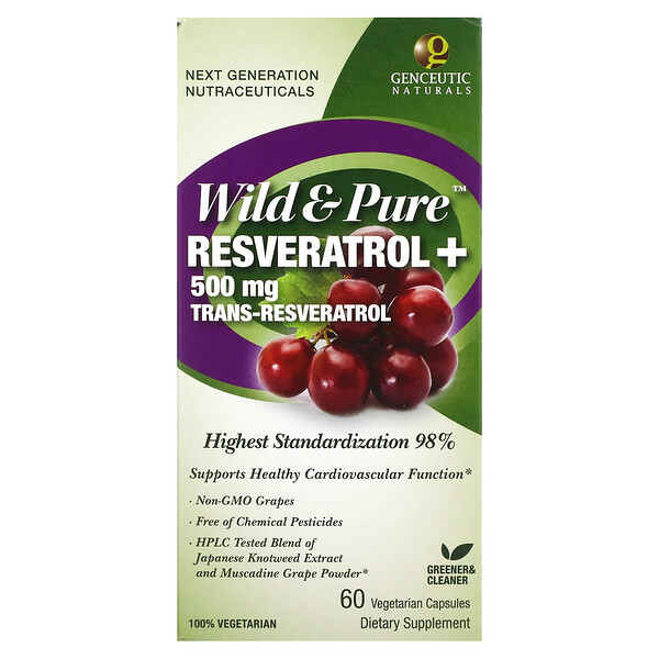 Wild & Pure Resveratrol+, 500 мг, 60 вегетарианских капсул Genceutic Naturals