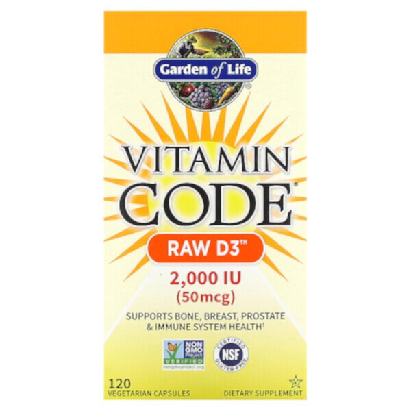 Vitamin Code, RAW D3, 50 мкг (2000 МЕ), 120 Вегетарианских Капсул - Garden of Life Garden of Life