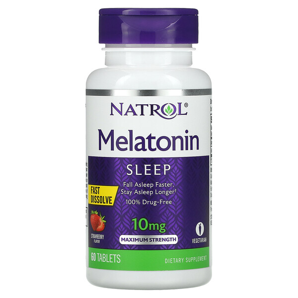 Мелатонин, быстрорастворимый, максимальная сила, клубника, 10 мг, 60 таблеток Natrol