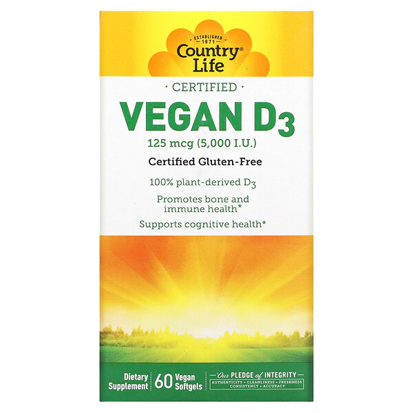 Сертифицированный веганский витамин D3, 125 мкг (5000 МЕ), 60 веганских мягких желатиновых капсул Country Life