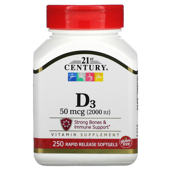 Витамин D3, 50 мкг (2000 МЕ), 250 мягких таблеток 21st Century