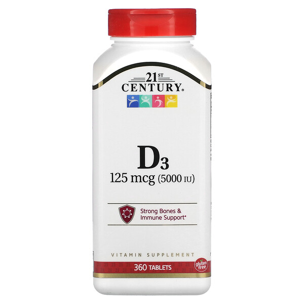 Витамин D3, 125 мкг (5000 МЕ), 360 таблеток 21st Century