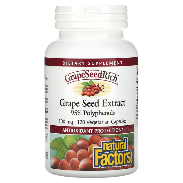 GrapeSeedRich, Экстракт Семян Винограда - 100 мг - 120 вегетарианских капсул - Natural Factors Natural Factors