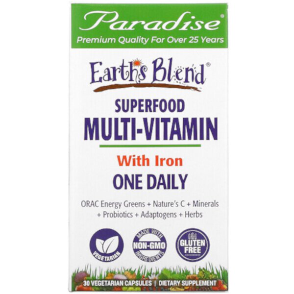 Earth's Blend, Один ежедневный мультивитамин из суперпродуктов, с железом, 30 вегетарианских капсул Paradise Herbs