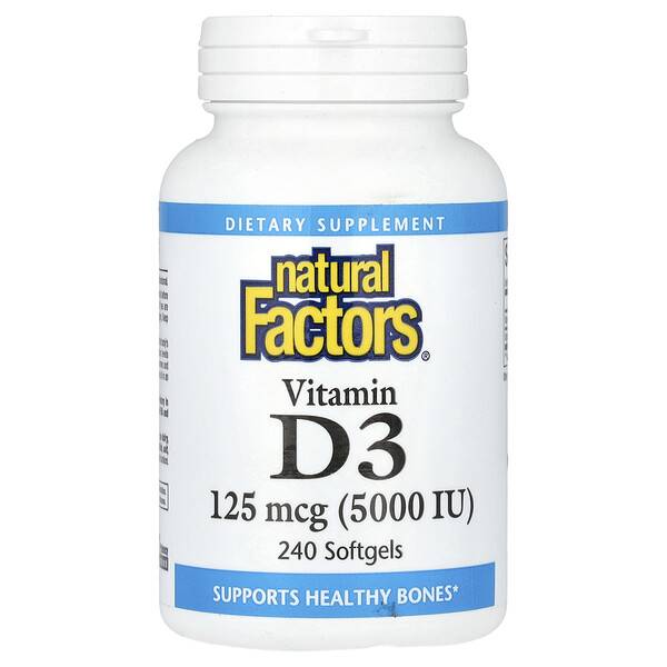 Vitamin D3, 125 mcg (5,000 IU), 240 Softgels (Мягкие капсулы) Natural Factors