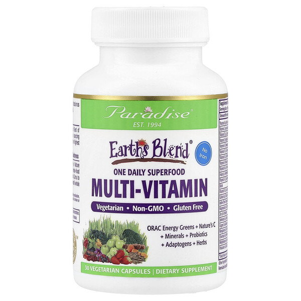 Earth's Blend, Ежедневный Суперфуд Мультивитамин без Железа - 30 вегетарианских капсул - Paradise Herbs Paradise Herbs