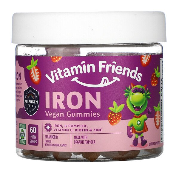 Железные веганские жевательные конфеты, клубника, 60 пектиновых жевательных конфет Vitamin Friends