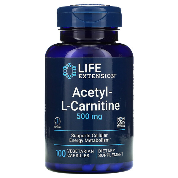Ацетил-L-карнитин, 500 мг, 100 вегетарианских капсул Life Extension