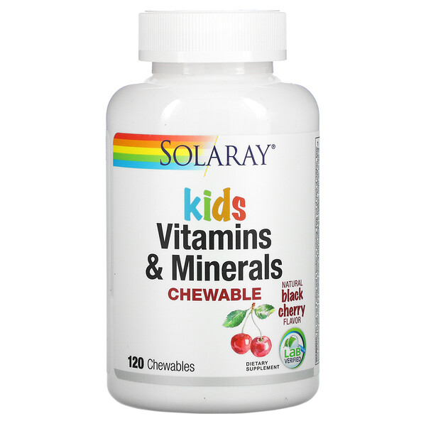 Kids Vitamins & Minerals, Chewable, натуральная черная вишня, 120 жевательных таблеток Solaray