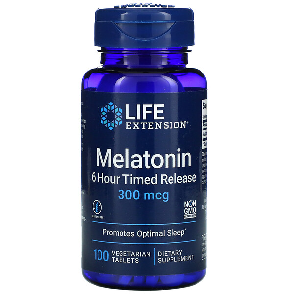 Мелатонин, 6-часовое высвобождение, 300 мкг, 100 вегетарианских таблеток Life Extension