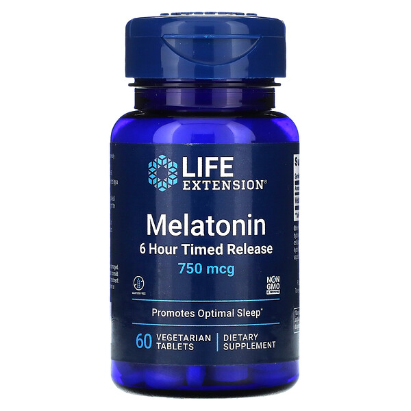 Мелатонин, 6-часовое высвобождение, 750 мкг, 60 вегетарианских таблеток Life Extension