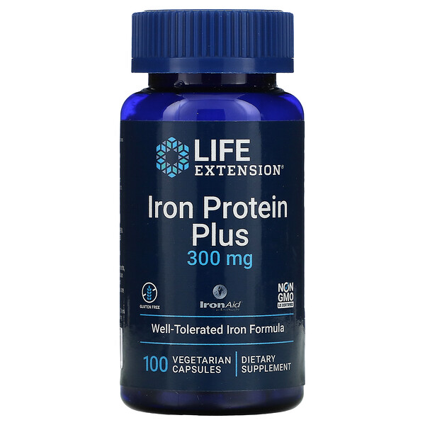 Iron Protein Plus, 300 мг, 100 вегетарианских капсул Life Extension