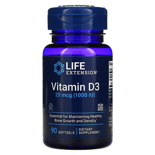 Витамин D3 - 25 мкг (1000 МЕ) - 90 желатиновых капсул - Life Extension Life Extension