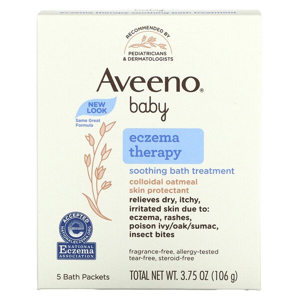 Baby, Eczema Therapy, успокаивающая ванна, без запаха, 5 пакетиков для ванн, 3,75 унции (106 г) Aveeno