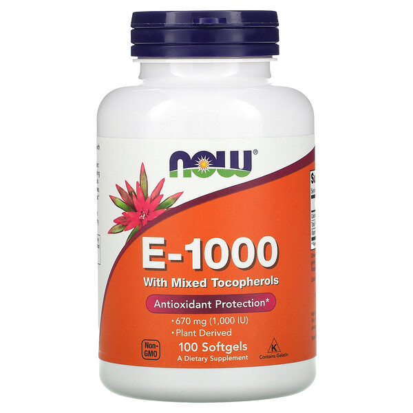 E-1000 with Mixed Tocopherols, 670 mg (1,000 IU), 100 Softgels (Мягкие капсулы) NOW Foods