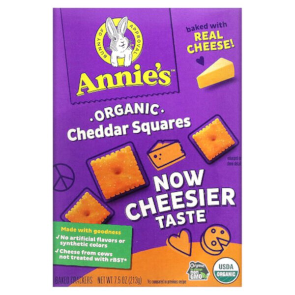 Organic Chedder Squares, Запеченные крекеры для закусок, 7,5 унций (213 г) Annie's