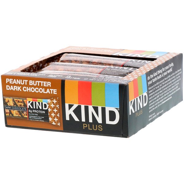 Kind Plus, Плитка темного шоколада с арахисовым маслом, 12 плиток, 1,4 унции (40 г) каждая KIND Bars