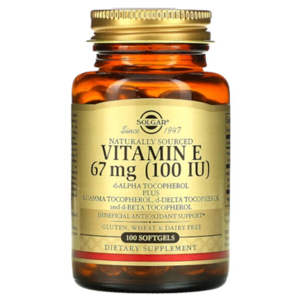 Натуральный витамин Е, 67 мг (100 МЕ), 100 мягких таблеток Solgar