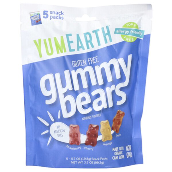 Gummy Bears, Ассорти вкусов, 5 упаковок для закусок, по 0,7 унции (19,8 г) каждая YuMe