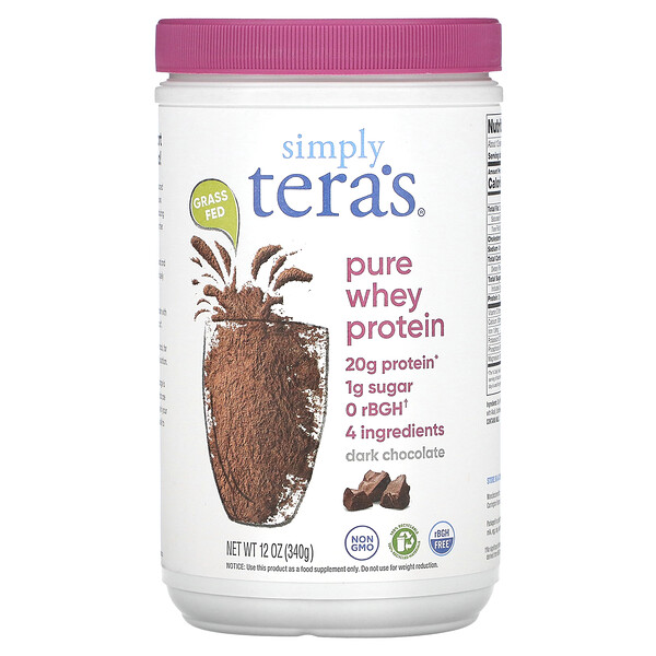 Grass Fed, Simply Pure Whey Protein, темный шоколад какао, справедливая торговля, 12 унций (340 г) Tera's Whey