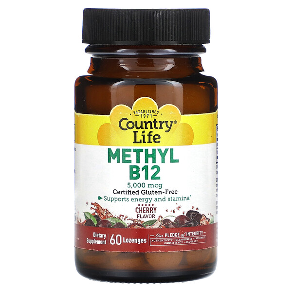 Methyl B12, Вишня, 5000 мкг, 60 таблеток для рассасывания - Country Life Country Life