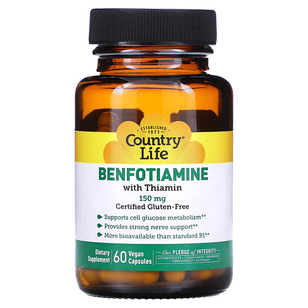 Бенфотиамин с тиамином, 150 мг, 60 веганских капсул - Country Life Country Life
