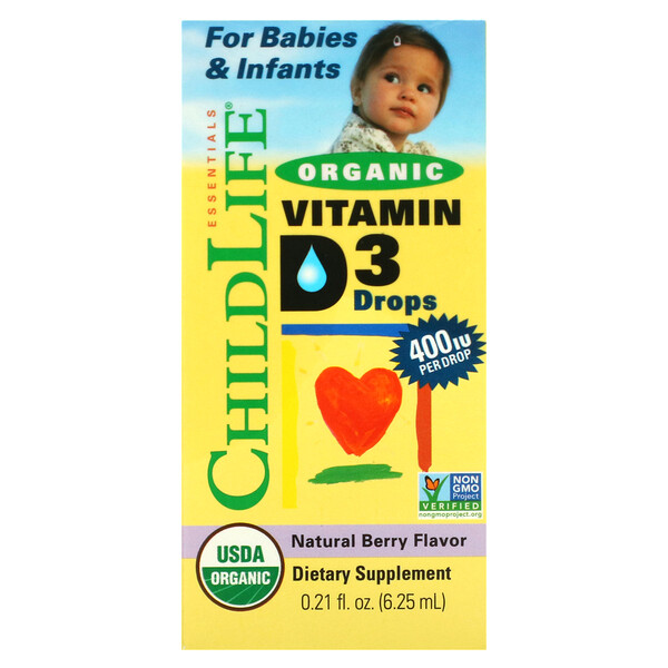 Органические капли с витамином D3, натуральная ягода, 400 МЕ, 0,21 жидкой унции (6,25 мл) ChildLife Essentials
