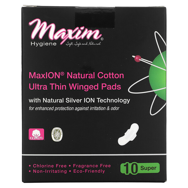 MaxION Natural Cotton, Ультратонкие подушечки с крыльями, супер, 10 подушечек Maxim Hygiene Products