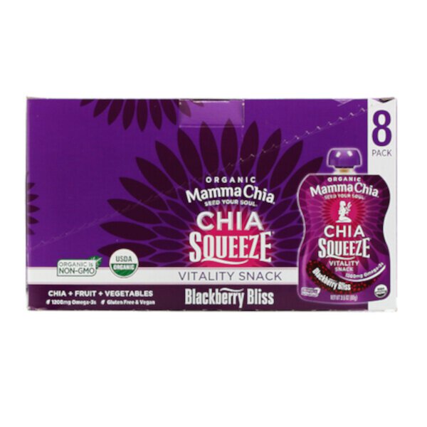 Organic Chia Squeeze, Vitality Snack, Blackberry Bliss, 8 сжатий, 3,5 унции (99 г) каждый Mamma Chia