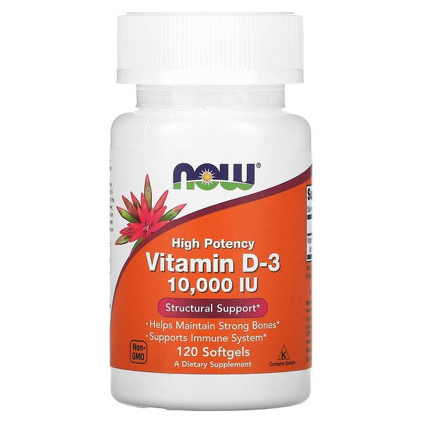 Высокоэффективный витамин D-3, 10 000 МЕ, 120 мягких желатиновых капсул NOW Foods